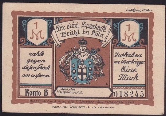 ALMANYA  1 MARK NOTGELD  1922 ÇİL