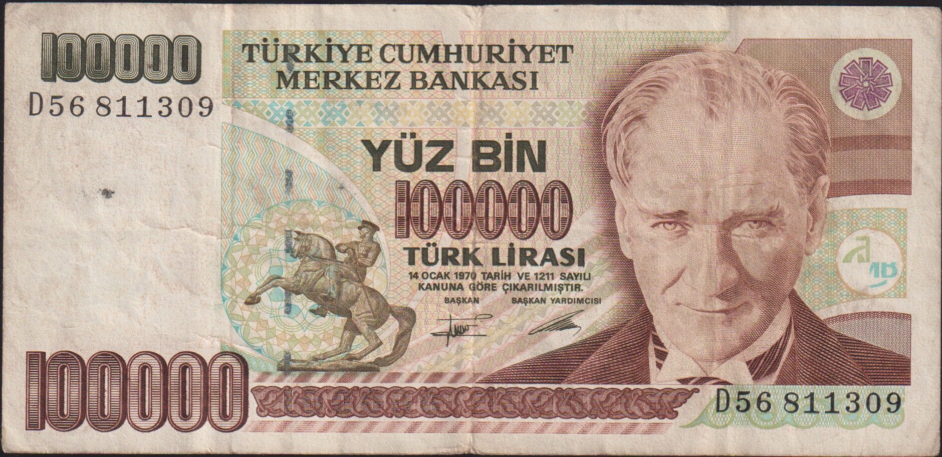 7.Emisyon 2.Tertip 100000 Lira D56 811309 Çok Temiz