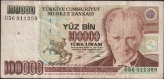 7.Emisyon 2.Tertip 100000 Lira D56 811309 Çok Temiz