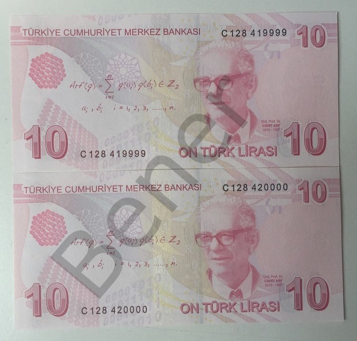 9.EMİSYON 3.TERTİP 10 LİRA C128 419999 - 420000 SERİ TAKİPLİ ÇİL