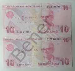 9.EMİSYON 3.TERTİP 10 LİRA C128 419999 - 420000 SERİ TAKİPLİ ÇİL