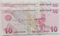9.EMİSYON 10 LİRA 1.TERTİP A436 724245 - 246  SERİ TAKİPLİ ÇİLALTI ÇİL (DESTE ÇİLİ)