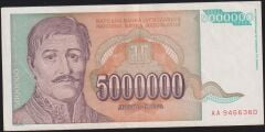 Yugoslavya 5.000.000 Dinar 1993 Çok Çok Temiz ( AA )