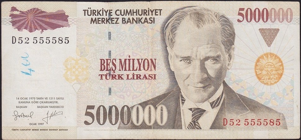 7.Emisyon 5 000 000 Lira D52 555585 Çok Temiz+
