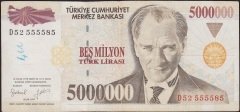 7.Emisyon 5 000 000 Lira D52 555585 Çok Temiz+