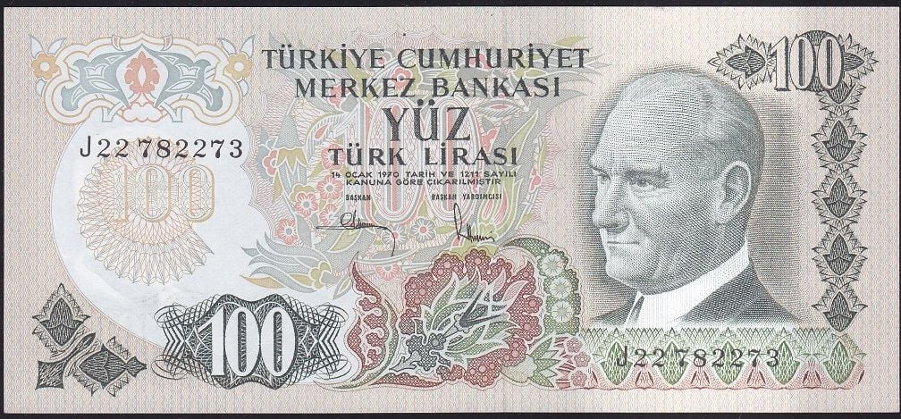 6.Emisyon 3.Tertip 100 Lira J22 782273 Çil