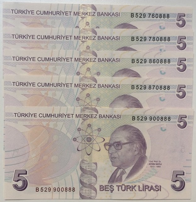 9.EMİSYON 5 LİRA 2.TERTİP B529 ***888 5 ADET ÇİL GÜZEL NUMARALAR