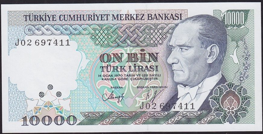 7.Emisyon 4.Tertip 10000 Lira J02 697411 Çilaltı Çil ( Işıkta Baskı izleri var )