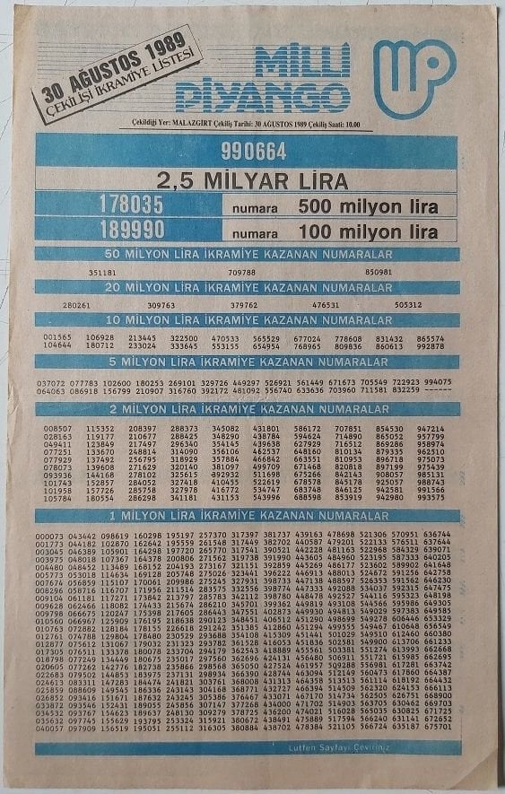 1989 30 Ağustos  Piyango Listesi