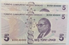 9.EMİSYON 5 LİRA 2.TERTİP B058 464899 - 900 SERİ TAKİPLİ 2 ADET ÇİL