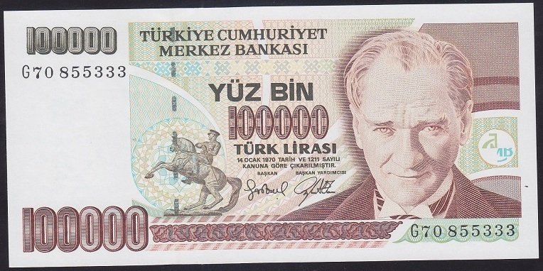 7.EMİSYON 3.TERTİP 100000 LİRA G70 855333 ÇİL