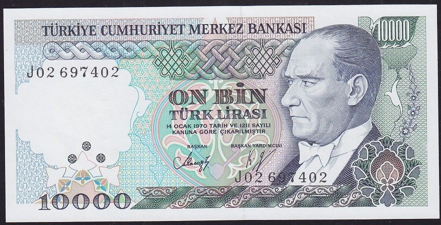 7.Emisyon 4.Tertip 10000 Lira J02 697402 Çilaltı Çil ( Işıkta Baskı izleri var )
