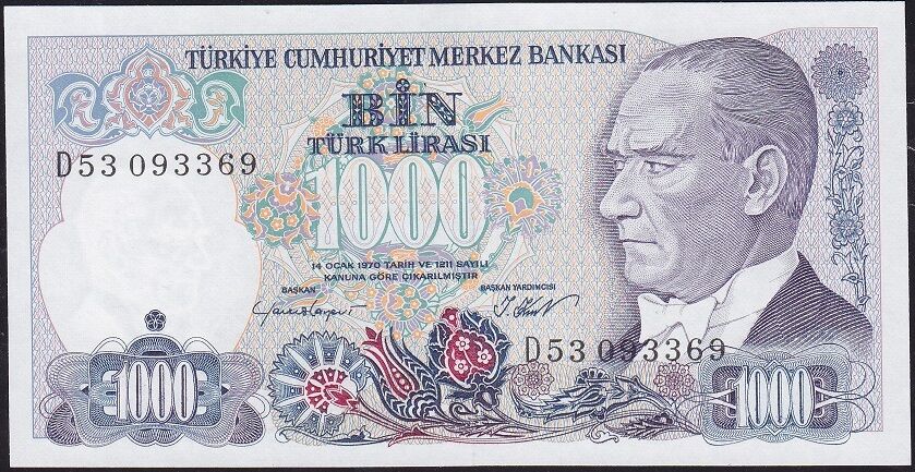 7.Emisyon 1.Tertip 1000 Lira D53 093369 Çil