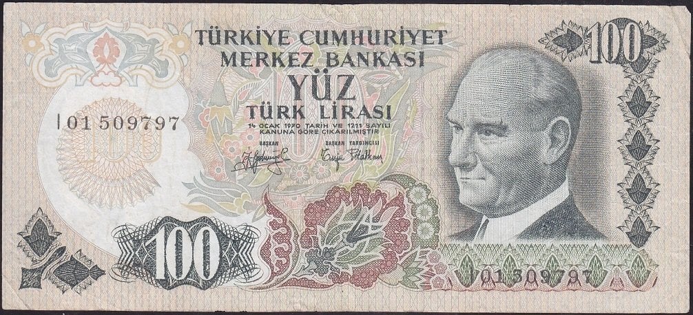 6.EMİSYON 2.TERTİP 100 LİRA I01 509797 ÇOK TEMİZ eski para koleksiyon mezat