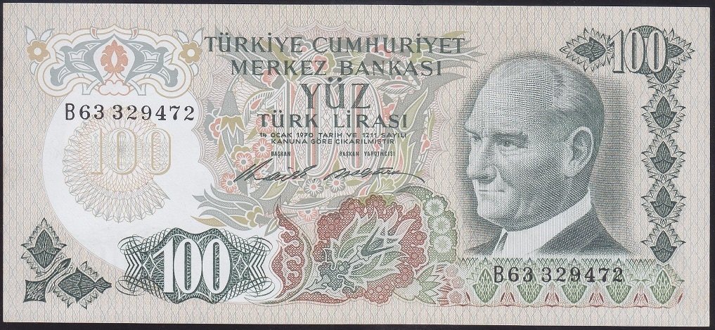 6.EMİSYON 1.TERTİP 100 LİRA B63 329472 ÇİLALTI ( DÜZLEME VAR )