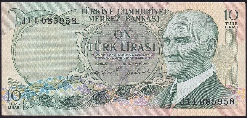 6.Emisyon 2.Tertip 10 Lira J11 085958 Çok Çok Temiz+