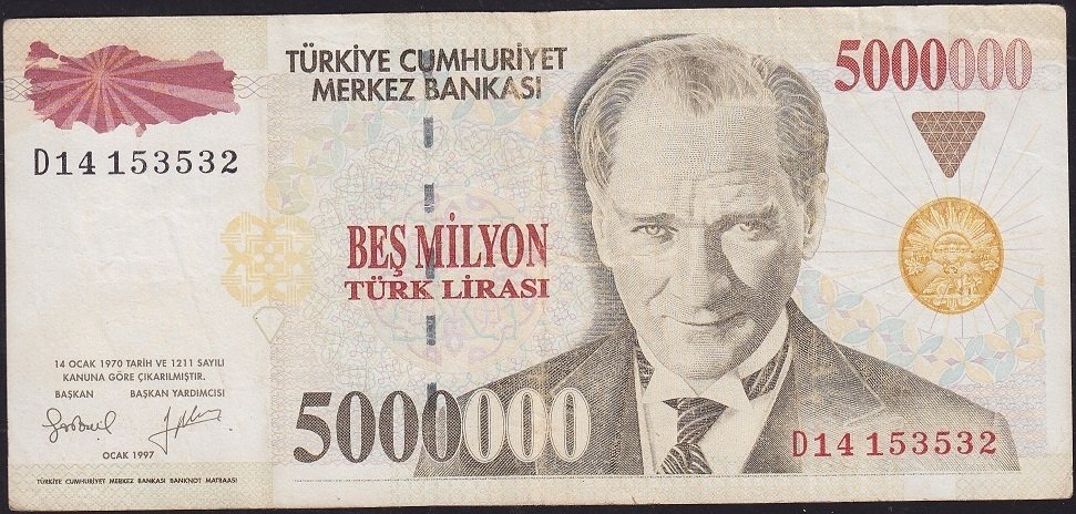 7.Emisyon 5 000 000 Lira D14 153532 Çok Temiz+