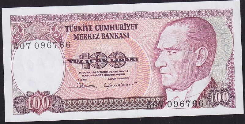 7.Emisyon 1.Tertip 100 Lira A07 096766 Çok Temiz+