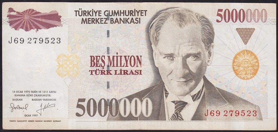 7.Emisyon 5 000 000 Lira J69 279523 Çok Temiz+