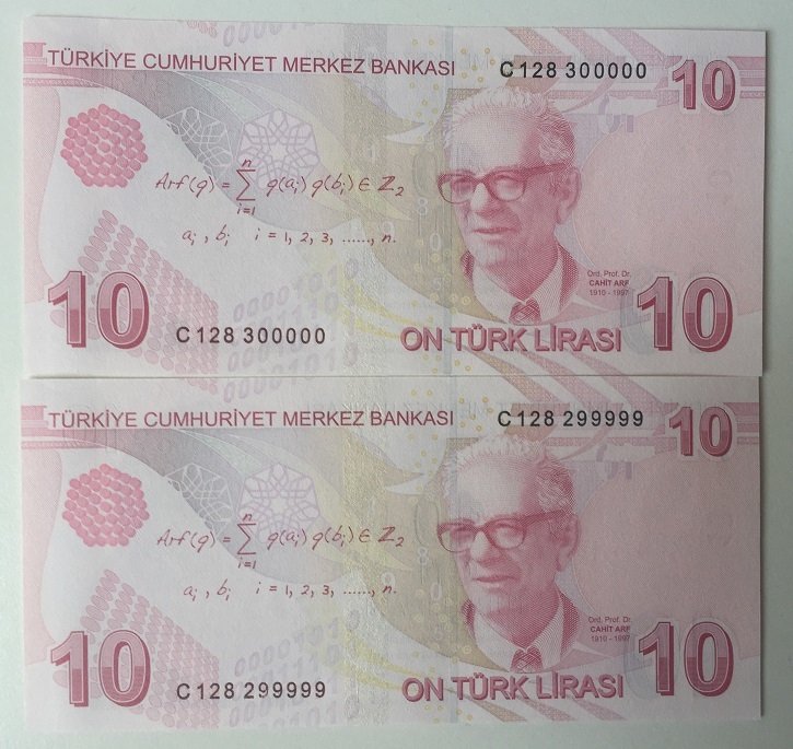 9.EMİSYON 3.TERTİP 10 LİRA C128 299999 - 300000 SERİ TAKİPLİ ÇİL