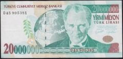 7.Emisyon 20 000 000 Lira D45 905381 Çok Temiz+
