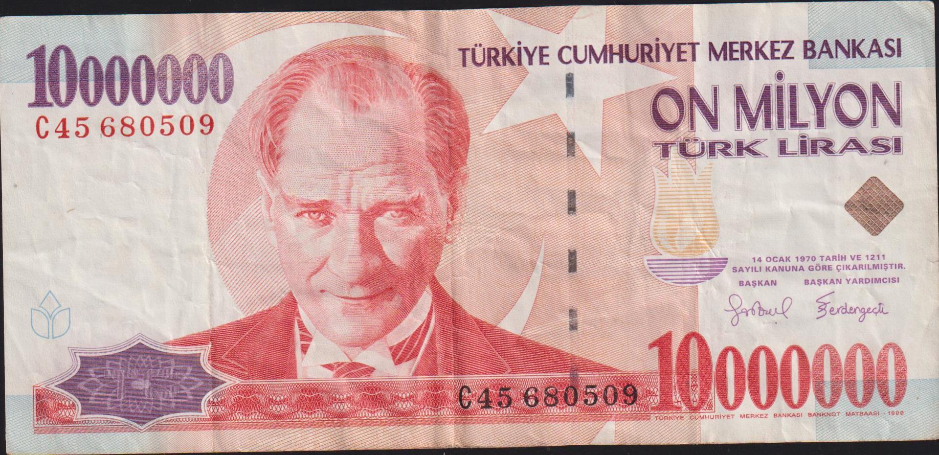 7.Emisyon 10 000 000 Lira C45 680509 Çok Temiz+