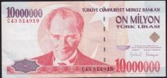 7.Emisyon 10 000 000 Lira C43 514919 Çok Temiz+