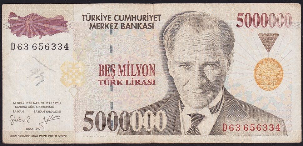 7.Emisyon 5 000 000 Lira D63 656334 Çok Temiz
