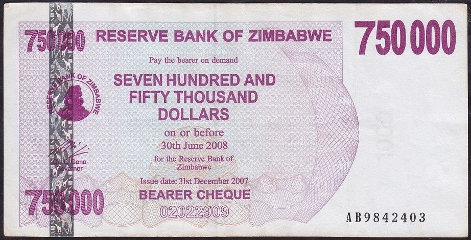 Zimbabwe 750000 Dolar 2008 Çok Temiz+