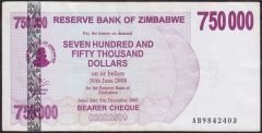 Zimbabwe 750000 Dolar 2008 Çok Temiz+