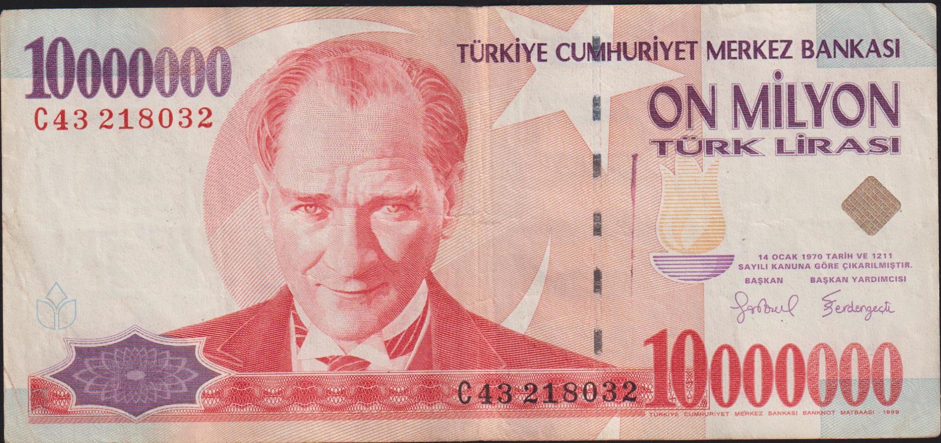 7.Emisyon 10 000 000 Lira C43 218032 Çok Temiz