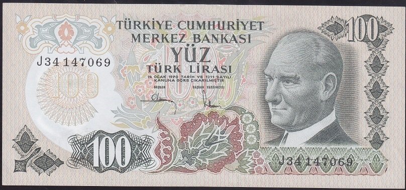 6.EMİSYON 3.TERTİP 100 LİRA J34 147069 ÇÇT ÇİLALTI