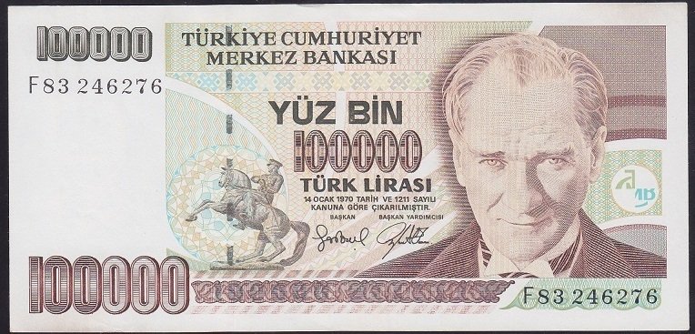 7.EMİSYON 3.TERTİP 100000 LİRA F83 246276 ÇİLALTI