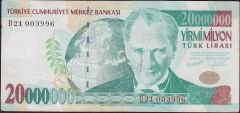 7.Emisyon 20 000 000 Lira D21 003996 Çok Temiz