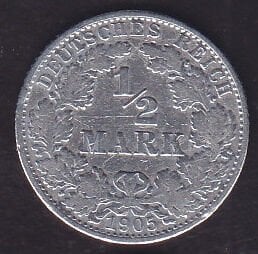 Almanya 1/2 Mark 1905 Gümüş