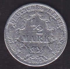 Almanya 1/2 Mark 1905 Gümüş
