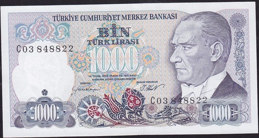 7.Emisyon 1.Tertip 1000 Lira C03 848822 Çil
