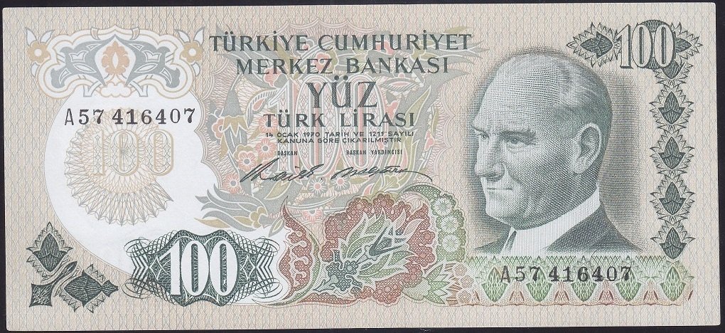 6.EMİSYON 1.TERTİP 100 LİRA A57 416407 ÇİLALTI ( DÜZLEME VAR )