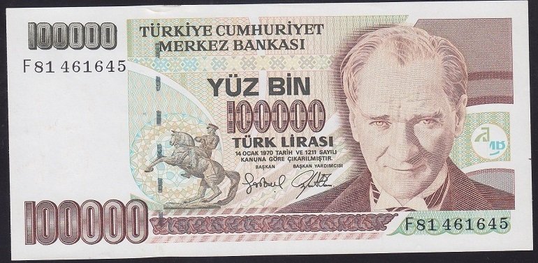 7.EMİSYON 3.TERTİP 100000 LİRA F81 461645 ÇİLALTI