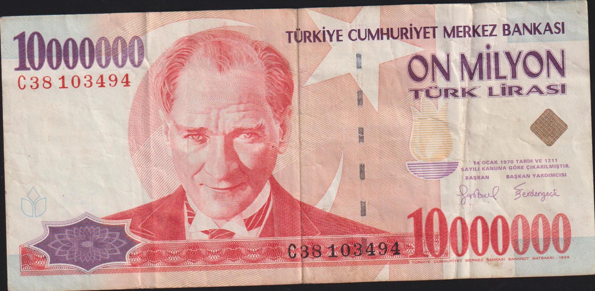 7.Emisyon 10 000 000 Lira C38 103494 Çok Temiz+