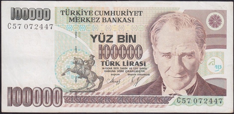 7.EMİSYON 1.TERTİP 100000 LİRA C57 072447 ÇOK TEMİZ +