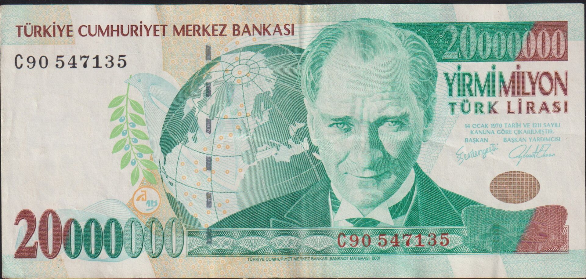 7.Emisyon 20.000.000 Lira C90 547135 Çok Temiz+