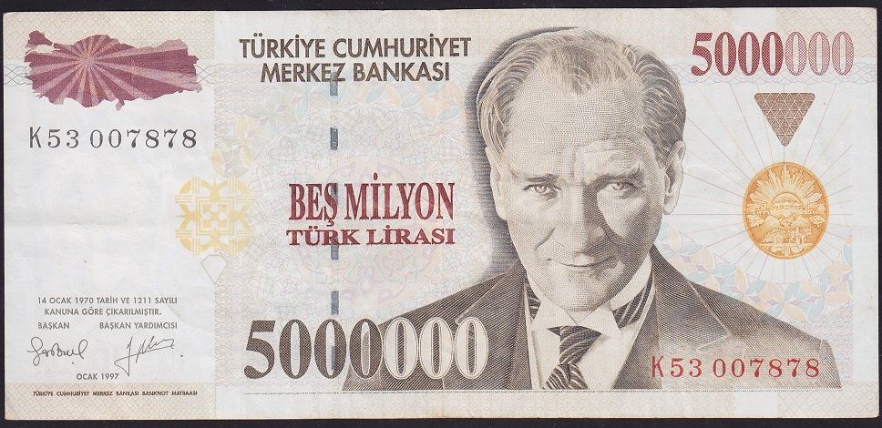 7.Emisyon 5 000 000 Lira K53 007878 Çok Temiz+