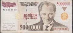 7.Emisyon 5 000 000 Lira D55 712123 Çok Temiz