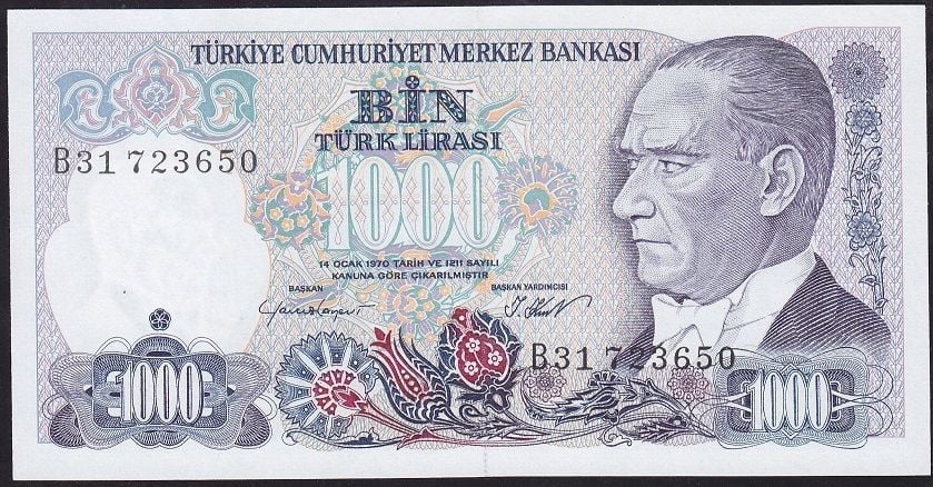 7.Emisyon 1.Tertip 1000 Lira B31 723650 Çil