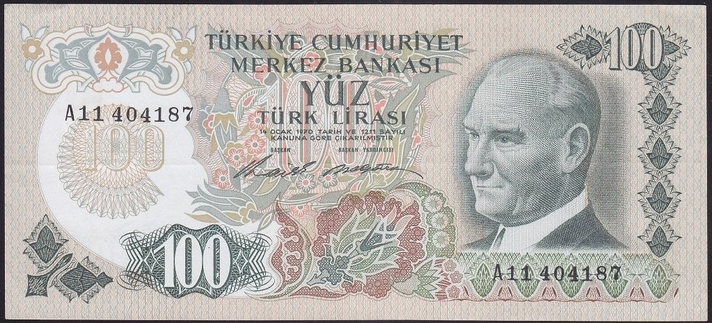 6.EMİSYON 1.TERTİP 100 LİRA A11 404187 ÇÇT