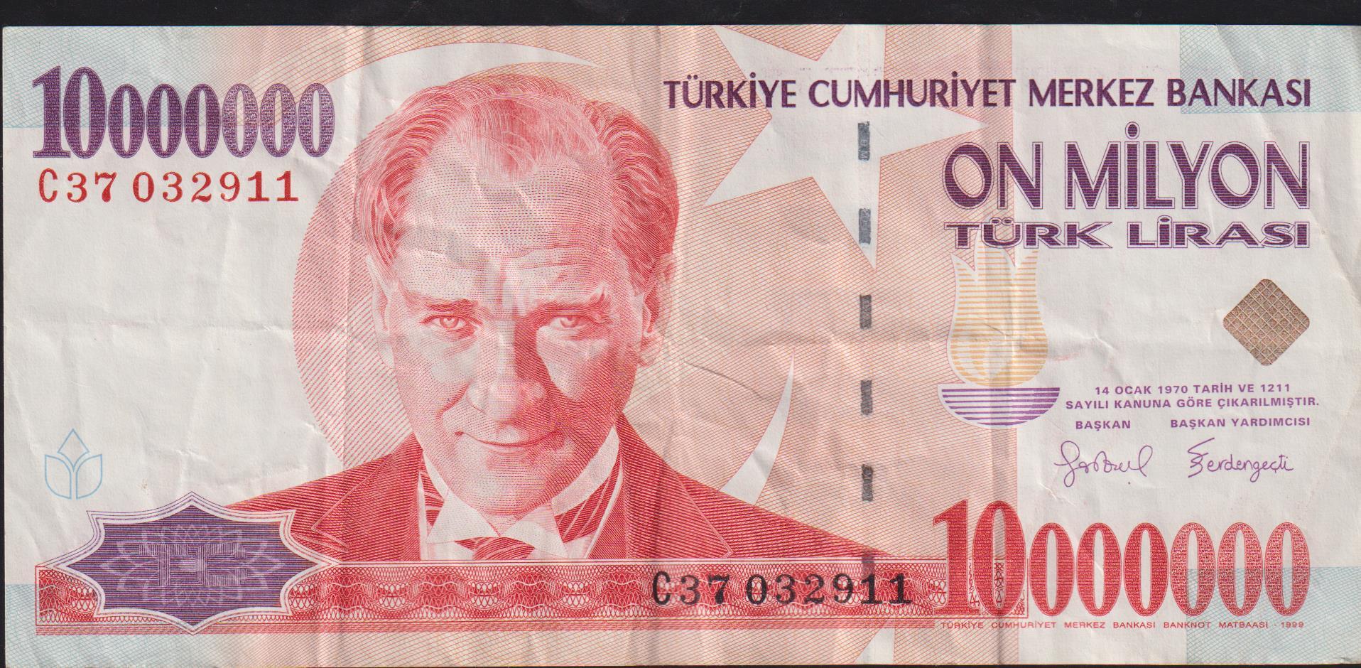 7.Emisyon 10 000 000 Lira C37 032911 Çok Temiz+
