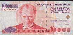 7.Emisyon 10 000 000 Lira C37 032911 Çok Temiz+