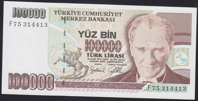 7.EMİSYON 3.TERTİP 100000 LİRA F75 314413 ÇİL BLOK RADAR