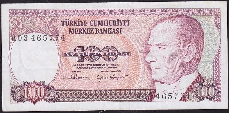 7.Emisyon 1.Tertip 100 Lira A03 465774 Çok Temiz